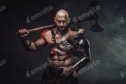 Preview: Holding axe on his shoulder savage nordic warrior in smokey background