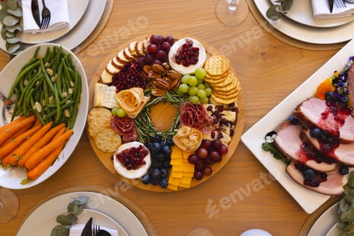 Preview: Delicious meal prepared for christmas dinner, on table in sunny dining room
