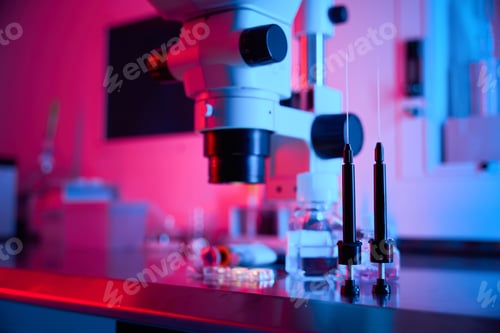Preview: Lab microscope surrounded by red and blue ambient light