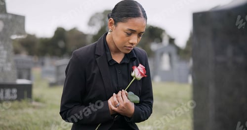 Preview: Sad woman, rose and graveyard in loss, grief or mourning at funeral, tombstone or cemetery. Female