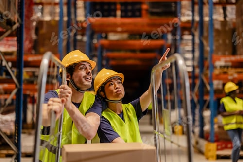 Preview: Warehouse workers checking inventory and pointing at storage shelves