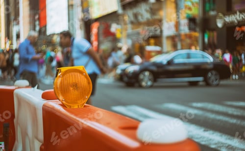 Preview: Construction zone shallow depth orange traffic barrier barrels to detour traffic around