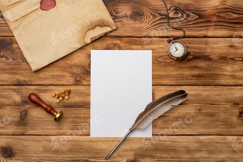 Preview: Envelope with wax seal stamp on wooden background, flat lay