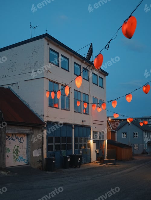 Preview: heart shaped lanterns against blue sky