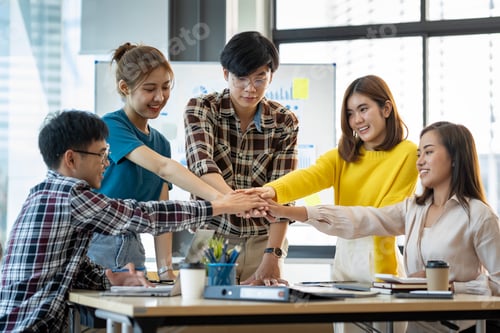 Preview: Group of young Asian businessmen business people creative office colleagues happy to succeed in part