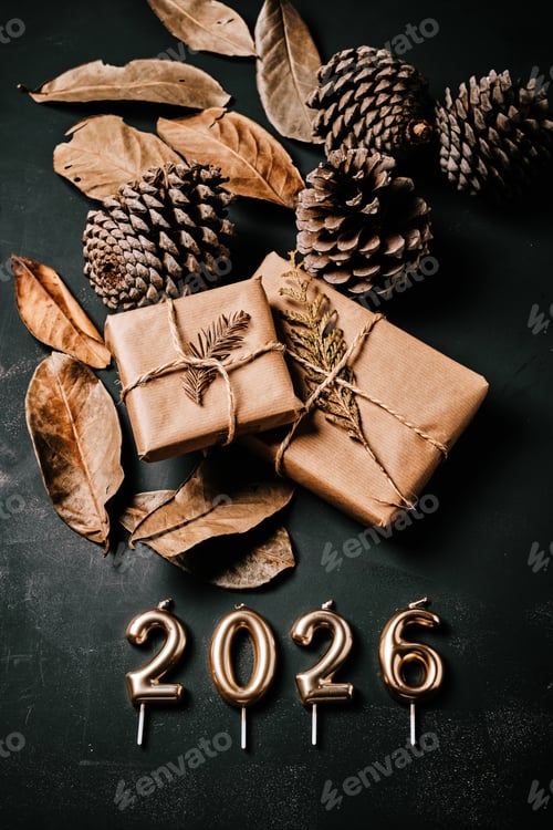 Visualização: Celebração do Ano Novo de 2026 com presentes elegantes e decorações naturais