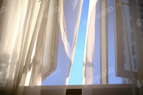 Preview: wind blows through the open window in the room. white curtain veil from an open window. background