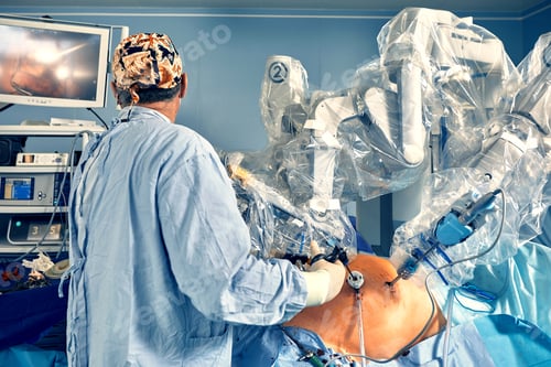 Preview: Surgical system with minimally invasive robot in a hospital. Robotic technological equipment