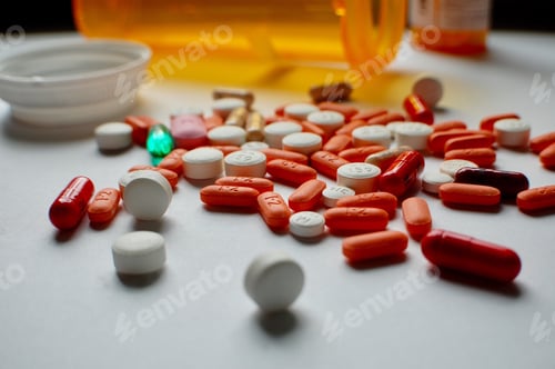 Preview: Orange and White Pills Scattered on a White Surface
