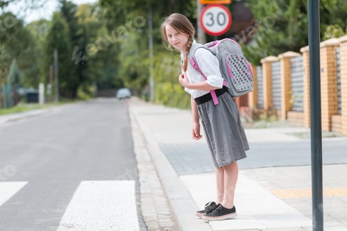 Preview: Adorable girl with backpack is standing in front of a pedestrian crossing on a one-way street