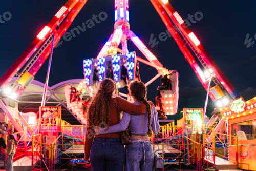 Preview: Friends enjoying illuminated rides at a night fair