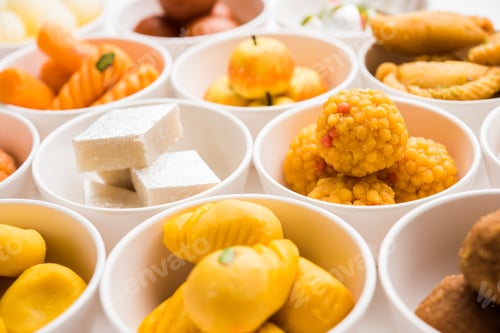 Preview: Rangoli design of Assorted Indian sweets