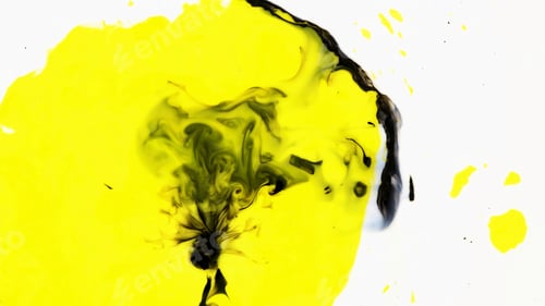 Preview: Multicolored paints pour into patterns milk. Close-up of bright colorful paint dripping on surface