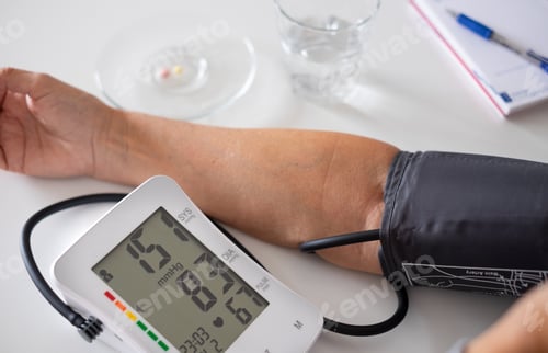 Preview: Elderly woman using medical device to measure blood pressure - woman suffering from hypertension
