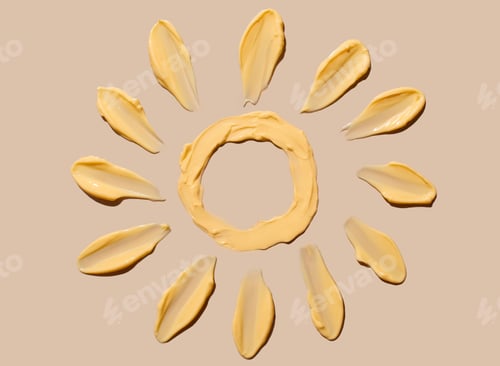 Preview: Cosmetic smear of a cream texture in the form of a yellow sun on a beige background. Sunscreen cream