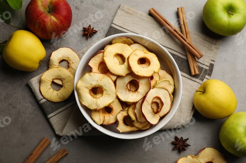 Preview: Delicious apple chips, fresh fruits, anise and cinnamon on grey table, flat lay