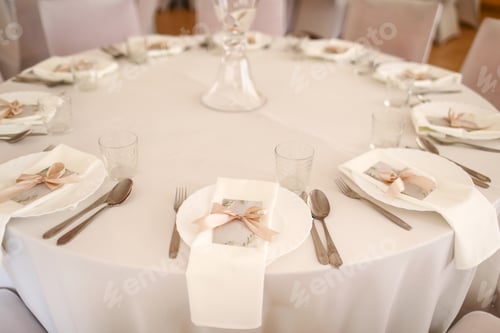 Preview: Wedding table setting with white plate, glasses and silver cutlery. mockup blank with pink ribbon