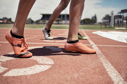 Preview: Feet, athlete and sports race at stadium for marathon or sprint competition with people ready to st