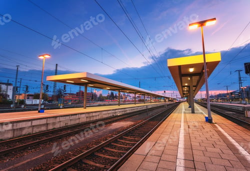 Preview: Beautiful night industrial landscape, modern railway station