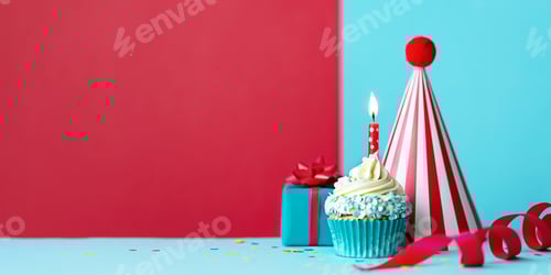 Preview: Birthday party background with cupcake, gift and party hat