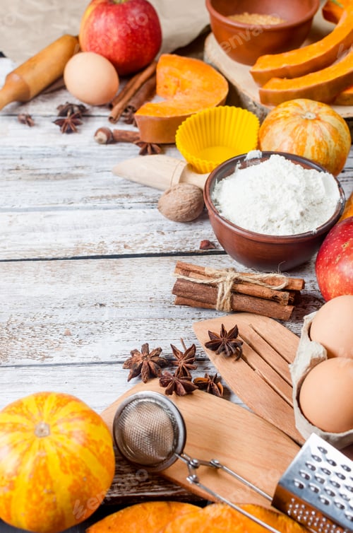 Preview: Autumn baking concept. Frame with pumpkin, apple, nuts,