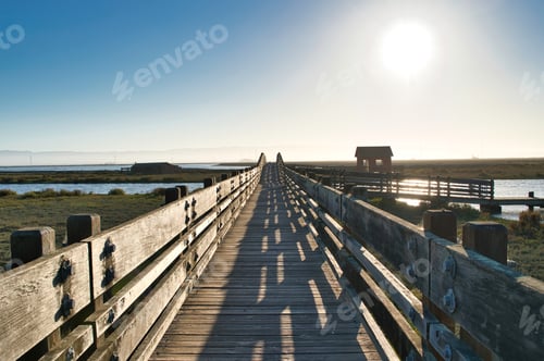 Preview: Wooden bridge and cabin landscape, Don Edwards San Francisco Bay National Wildlife Refuge, Fremont