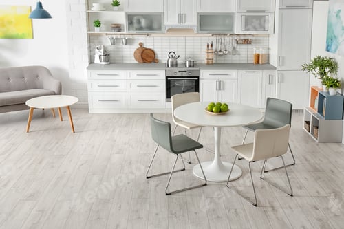 Preview: Stylish apartment interior with kitchen furniture and sofa