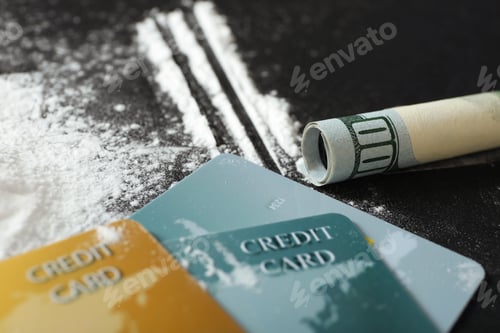 Preview: Cocaine, credit cards and rolled dollar banknote on black background