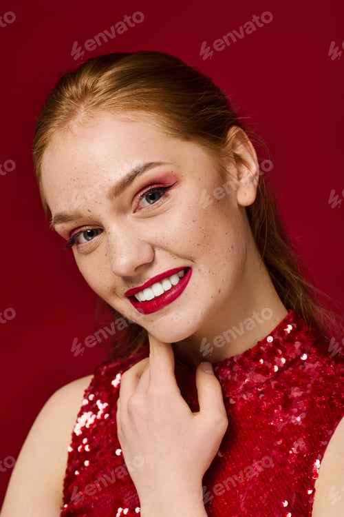 Preview: Bright smile of a beautiful young woman in a sparkling red outfit on a bold backdrop