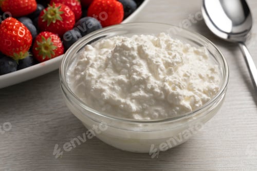 Preview: Glass bowl with cottage cheese and fresh fruit in the background