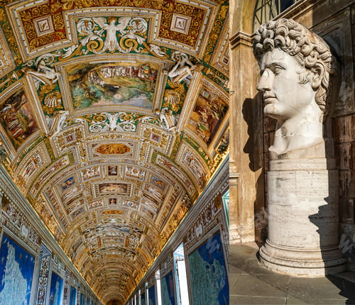Preview: caesar augustus head statue near paintings on walls and ceiling in gallery of maps at vatican museum