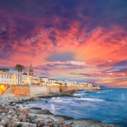 Preview: Astonishing evening cityscape of historical part of Alghero town.