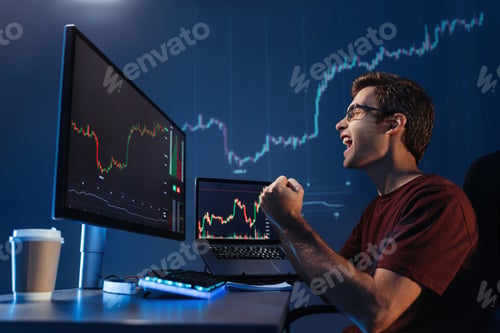 Preview: Male crypto trader doing yes gesture shouting with triumph