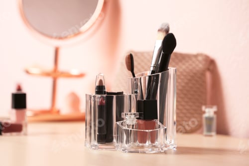 Preview: Set of decorative cosmetic products for makeup on dressing table. Space for text