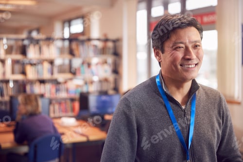Visualização: Retrato de professor ou estudante masculino maduro na biblioteca com outros estudantes estudando em segundo plano