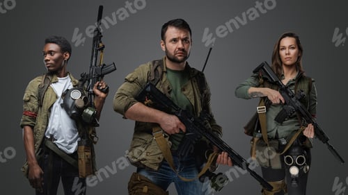 Preview: Three people survivors with guns in setting of post apocalypse