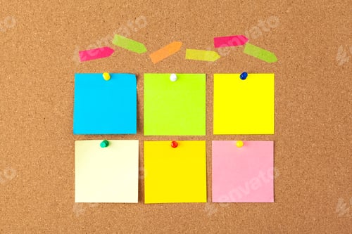Preview: Cork board with several colorful blank notes with pins
