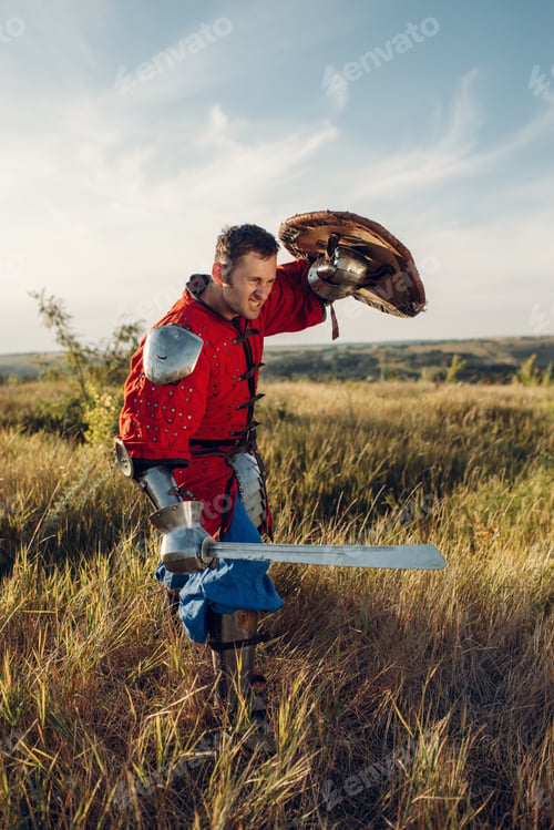Preview: Medieval knight with sword poses in armor
