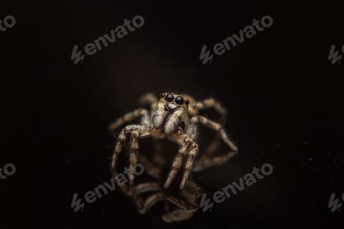 Preview: High angle shot of a creepy Salticidae (jumping spider) on a black surface