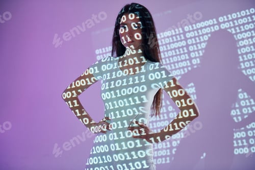 Preview: Binary machine code. Beautiful young woman is in projector neon lights in the studio