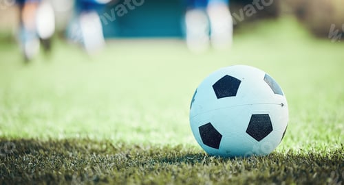 Preview: Field, sports and a football on the grass for a game, goal or training in summer. Fitness, playing