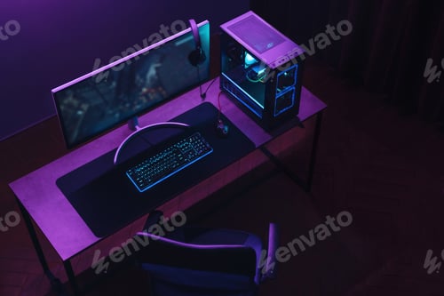 Preview: Pro gamer's empty workspace in neon lights