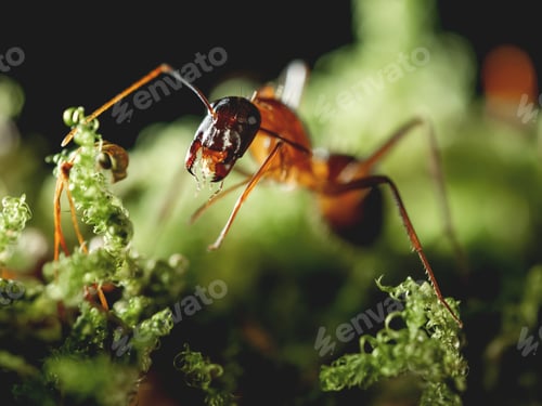 Preview: Macro photo of ant on green moss. Close up portrait of insect on dark background.
