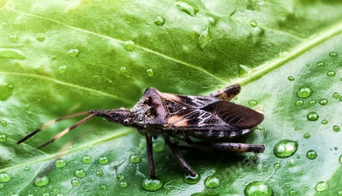Preview: Closeup shot of a black stink bug on a green leaf