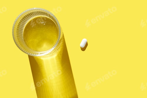Preview: Yellow background with glass of water and white pill for medication and health