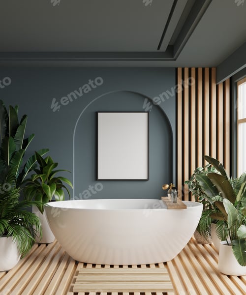 Preview: Poster frame mockup in cozy dark blue bathroom interior background