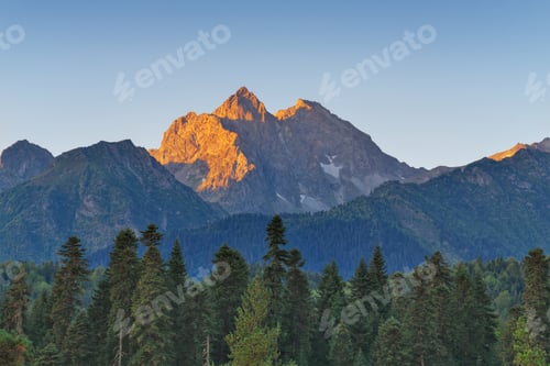 Preview: Sunlight on mountain peak panorama and green forest valley.