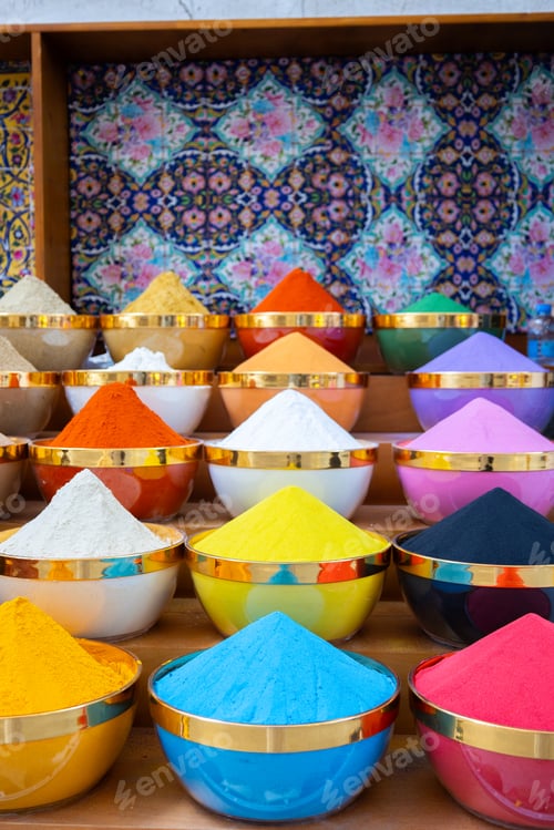 Preview: Traditional spices market. Pots and wooden tubs stand in row with colorful tea, spices, fruits