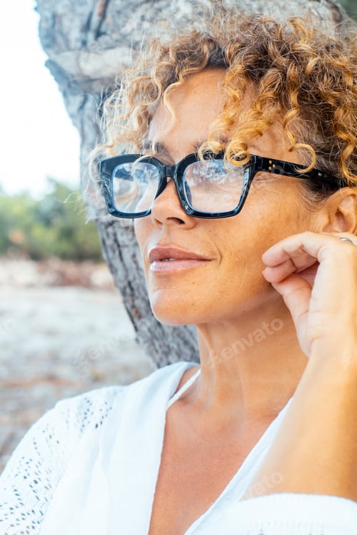 Preview: Copy space portrait of adult attractive woman in outdoor leisure activity relaxing