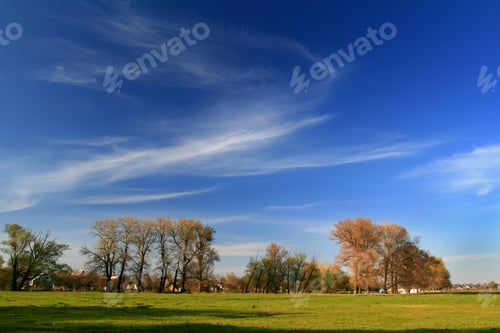 Preview: Blue sky with clouds over green field
